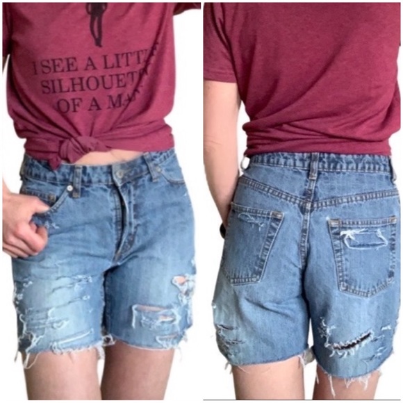 Vintage Upcycled Route 66 Wedgie Cutoff Distressed Denim Shorts Size 4 - Picture 1 of 15